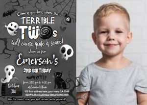 Black & White Halloween Second Birthday Invitation with photo (black, white) - www.printerfairy.com design preview