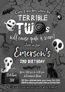 Black & White Halloween Second Birthday Invitation (black, white) - www.printerfairy.com design preview