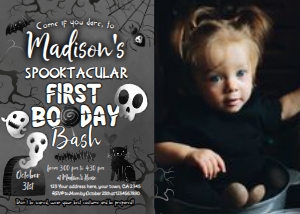 Black & White Halloween First Birthday Invitation with photo (black, white) - www.printerfairy.com design preview