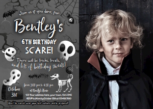 Black & White Halloween Birthday Invitation with photo (black, white) - www.printerfairy.com design preview