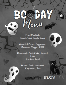 Black & White Halloween Menu (black, white) - www.printerfairy.com design preview