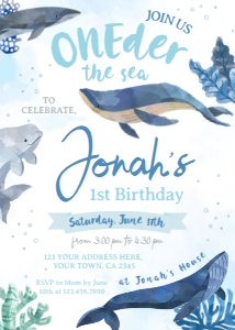 Whales First Birthday Invitation (white, blue) - www.printerfairy.com design preview