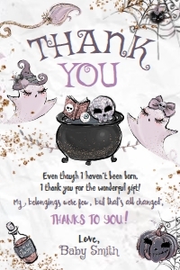 Baby Boo Baby Shower Thank You Card (purple, gray) - www.printerfairy.com design preview