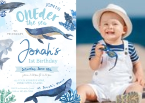 Whales First Birthday Invitation with photo (white, blue) - www.printerfairy.com design preview