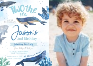 Whales Second Birthday Invitation with photo (white, blue) - www.printerfairy.com design preview