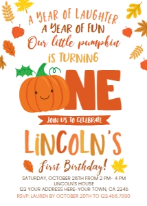 Little Pumpkin First Birthday Invitation (5x7) - www.printerfairy.com: Little Pumpkin First Birthday Invitation (orange white) - www.printerfairy.com