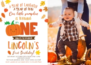 Little Pumpkin First Birthday Invitation (7x5) - www.printerfairy.com: Little Pumpkin First Birthday Invitation with Photo (orange) - www.printerfairy.com