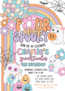 Ghost FOUR ever Spooky Hippie Halloween Birthday Invitation (gray) - www.printerfairy.com: Ghost FOUR ever Spooky Hippie Halloween Birthday Invitation (gray) - www.printerfairy.com
