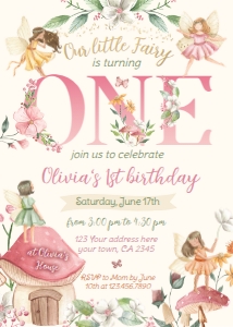 Fairies First Birthday Invitation (pink) - www.printerfairy.com design preview