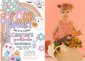 Ghost FOUR ever Spooky Hippie Halloween Birthday Invitation with Photo (7x5) - www.printerfairy.com: Ghost FOUR ever Spooky Hippie Halloween Birthday Invitation with Photo (7x5) - www.printerfairy.com