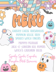 Ghost Halloween Party Hippie Halloween Menu (8.5x11) - www.printerfairy.com: Ghost Halloween Party Hippie Halloween Menu - www.printerfairy.com