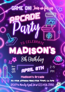 Game Arcade Invitation (pink-purple) - www.printerfairy.com: Arcade Invitation (pink-purple) - www.printerfairy.com