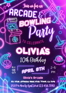 Game Arcade & Bowling Invitation (pink-purple) - www.printerfairy.com design preview