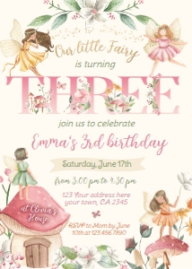 Fairies Third Birthday Invitation (pink) - www.printerfairy.com design preview