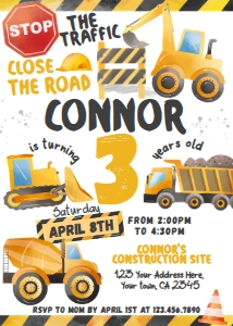 Construction Birthday Invitation (white yellow, gray) - www.printerfairy.com: Construction Birthday Invitation (white yellow, gray) - www.printerfairy.com