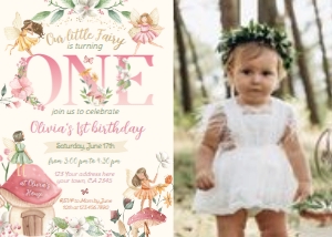 Fairies First Birthday Invitation with photo (pink) - www.printerfairy.com design preview