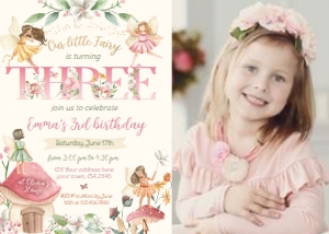 Fairies Third Birthday Invitation with photo (pink)- www.printerfairy.com design preview