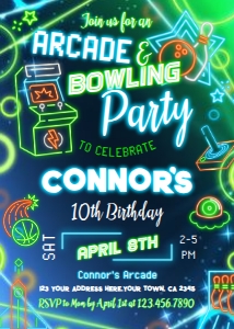 Arcade & Bowling Invitation (blue, green) - www.printerfairy.com design preview
