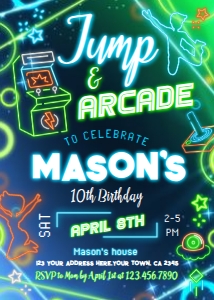 Jump and Arcade Invitation (blue, green) - www.printerfairy.com design preview