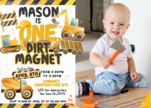Construction 1st Birthday Invitation with Photo (7x5) - www.printerfairy.com: Construction 1st Birthday Invitation with Photo (white) - www.printerfairy.com