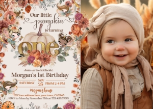 Pumpkin Fairies 1st Birthday Invitation with photo - www.printerfairy.com design preview