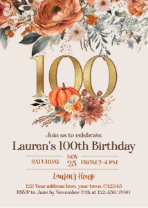 Pumpkin Floral 100 Birthday Invitation - www.printerfairy.com: Pumpkin Floral 100 Birthday Invitation - www.printerfairy.com