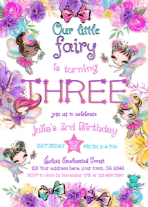 Fairies 3rd Birthday Invitation (pink, gold) - www.printerfairy.com design preview