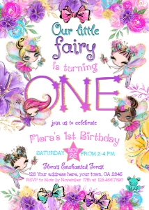 Fairies 1st Birthday Invitation_1 (pink, gold) - www.printerfairy.com: Fairies 1st Birthday Invitation_1 (pink, gold) - www.printerfairy.com