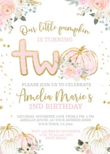 Little Pumpkin Floral 2nd Birthday Invitation - www.printerfairy.com design preview