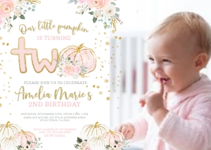 Little Pumpkin Floral 2nd Birthday Invitation with Photo - www.printerfairy.com design preview
