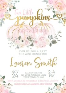 Little Pumpkin Baby Shower Twins Invitation (5x7) - www.printerfairy.com design preview