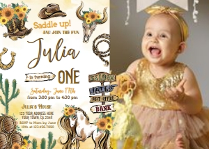Cowgirl 1st Birthday Invitation with photo (yellow) - www.printerfairy.com design preview