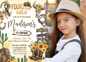 Cowgirl 4th Birthday Invitation with photo (yellow) - www.printerfairy.com design preview