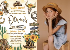 Cowgirl Birthday Invitation with photo (rustic) - www.printerfairy.com: Cowgirl Birthday Invitation with photo (rustic) - www.printerfairy.com