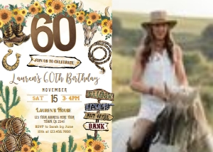 Cowgirl 60 Birthday Invitation with photo (yellow) - www.printerfairy.com: Cowgirl 60 Birthday Invitation with photo (yellow) - www.printerfairy.com