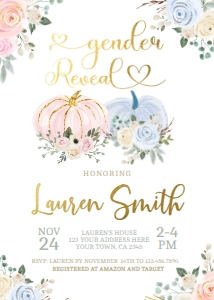 Little Pumpkin Baby Shower Gender Reveal Invitation - www.printerfairy.com design preview