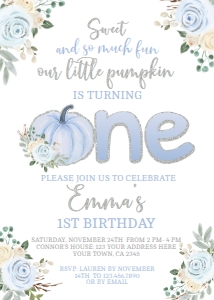 Little Pumpkin Floral 1st Birthday Invitation - www.printerfairy.com design preview