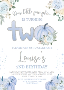 Little Pumpkin Floral Second Birthday Invitation  - www.printerfairy.com design preview
