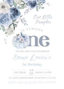 Little Pumpkin Floral 1st Birthday Invitation Dusty Blue - www.printerfairy.com design preview