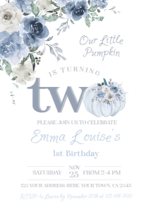 Little Pumpkin Floral 2nd Birthday Invitation Dusty Blue - www.printerfairy.com design preview