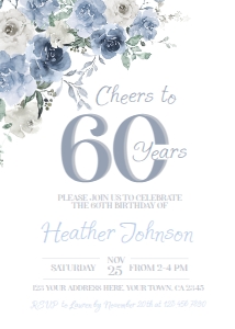 Floral 60th Birthday Invitation Dusty Blue - www.printerfairy.com design preview