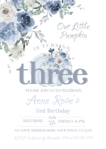 Little Pumpkin Floral Third Birthday Invitation Dusty Blue - www.printerfairy.com design preview
