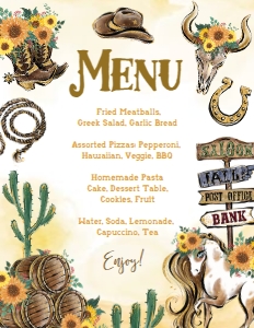 Cowgirl Menu (yellow) - www.printerfairy.com: Cowgirl Menu (yellow) - www.printerfairy.com
