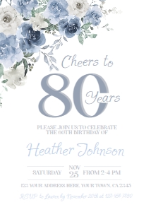 Floral 80th Birthday Invitation Dusty Blue  - www.printerfairy.com design preview