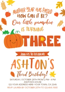 Little Pumpkin Third Birthday Invitation - www.printerfairy.com design preview