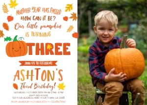 Little Pumpkin Third Birthday Invitation with Photo - www.printerfairy.com design preview