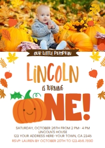 Little Pumpkin First Birthday Invitation with Top Photo - www.printerfairy.com design preview