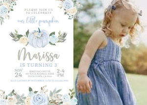 Little Pumpkin Floral Birthday Invitation with Photo - www.printerfairy.com design preview