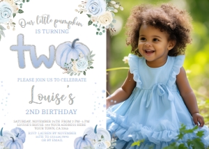 Little Pumpkin Floral Second Birthday Invitation with Photo (7x5) - www.printerfairy.com design preview