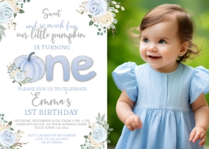 Little Pumpkin Floral 1st Birthday Invitation with Photo - www.printerfairy.com design preview